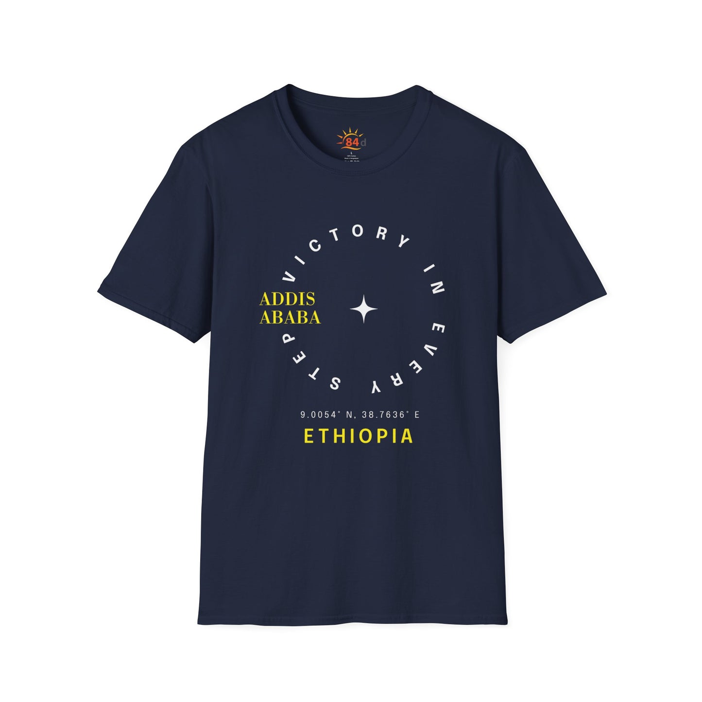 Navy blue Ethiopian, Addis Ababa, minimalist, t-shirt with yellow and white text on a white background