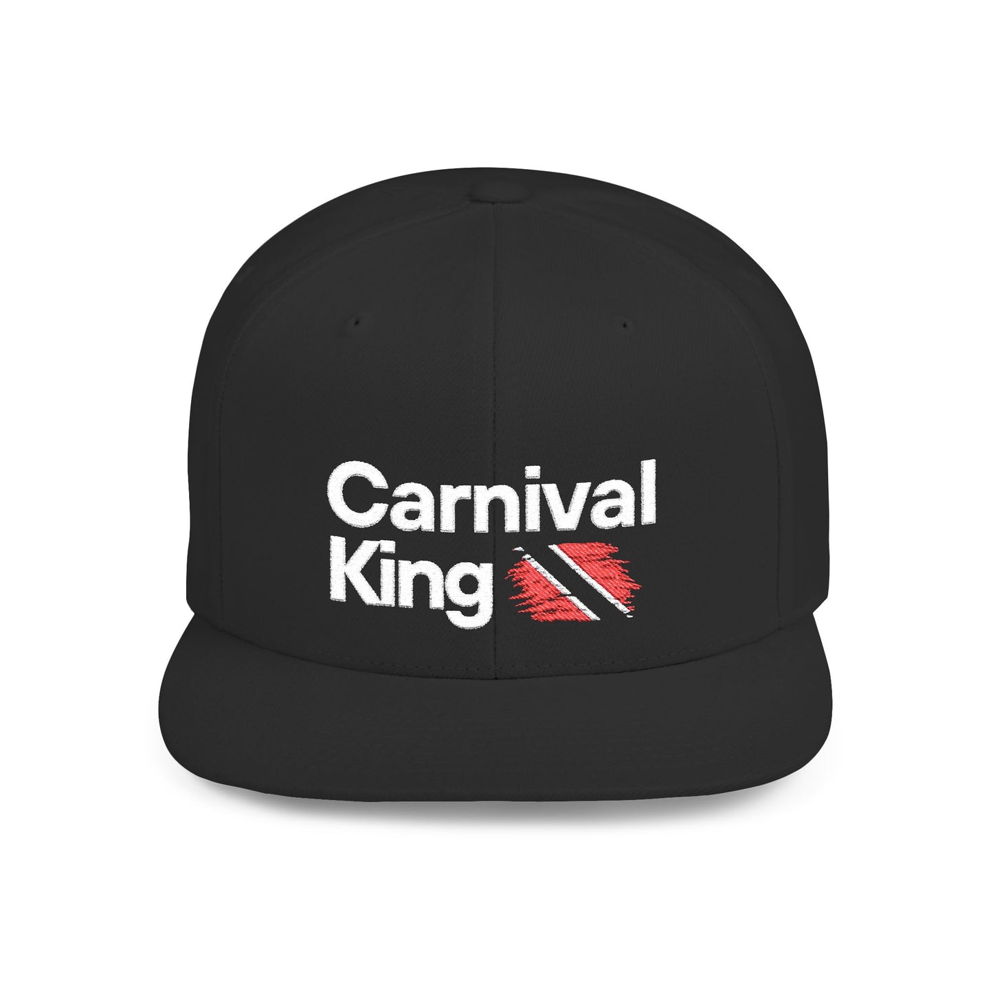 a 'Carnival King' black snap back cap in front of a white background