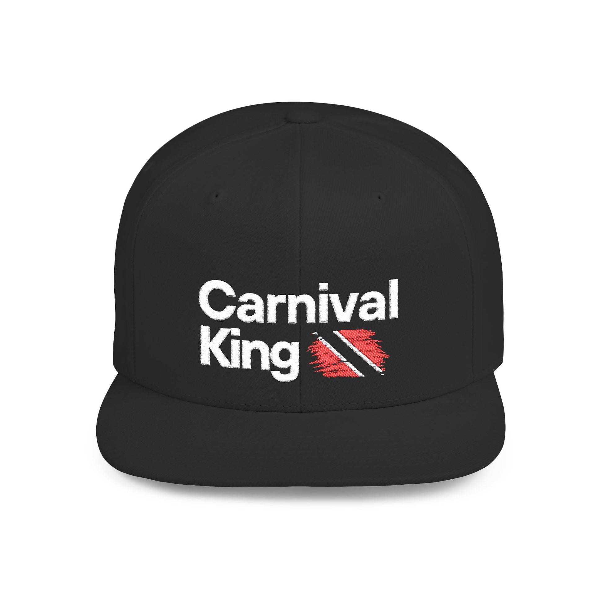 a 'Carnival King' black snap back cap in front of a white background