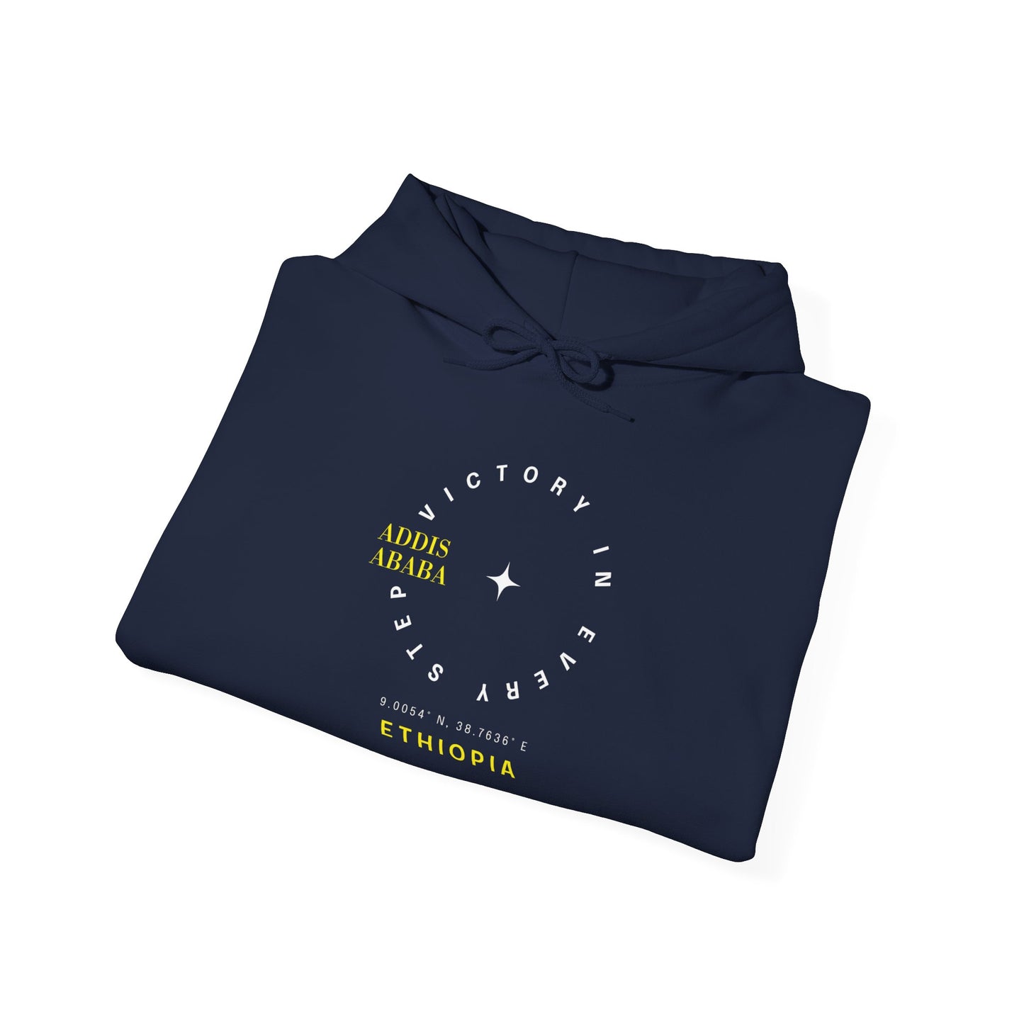 A navy blue folded Ethiopia Addis Ababa hoodie with coordinates text and graphics
