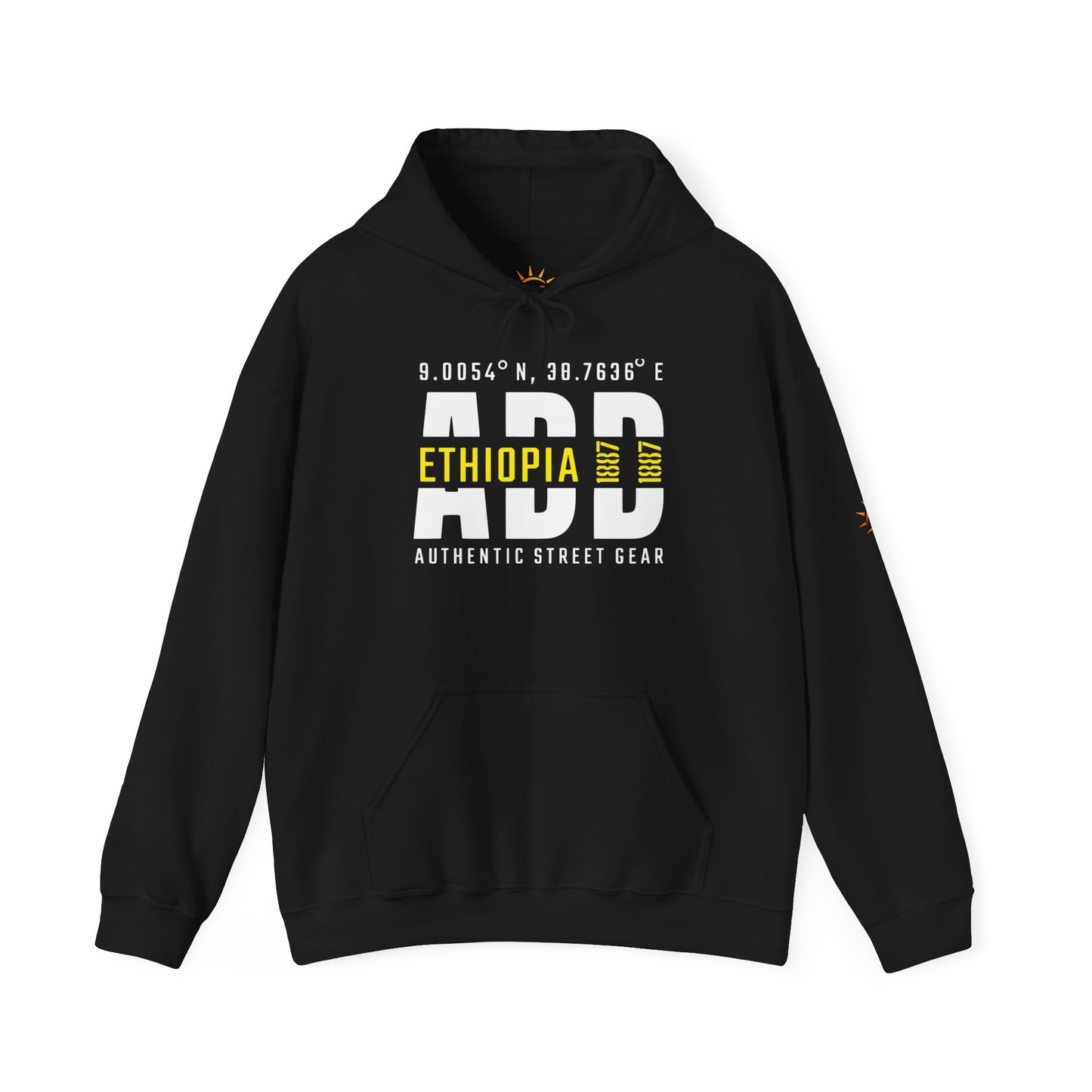 A black hoodie with Addis Ababa, Ethiopia, ADD Airport code and coordinates