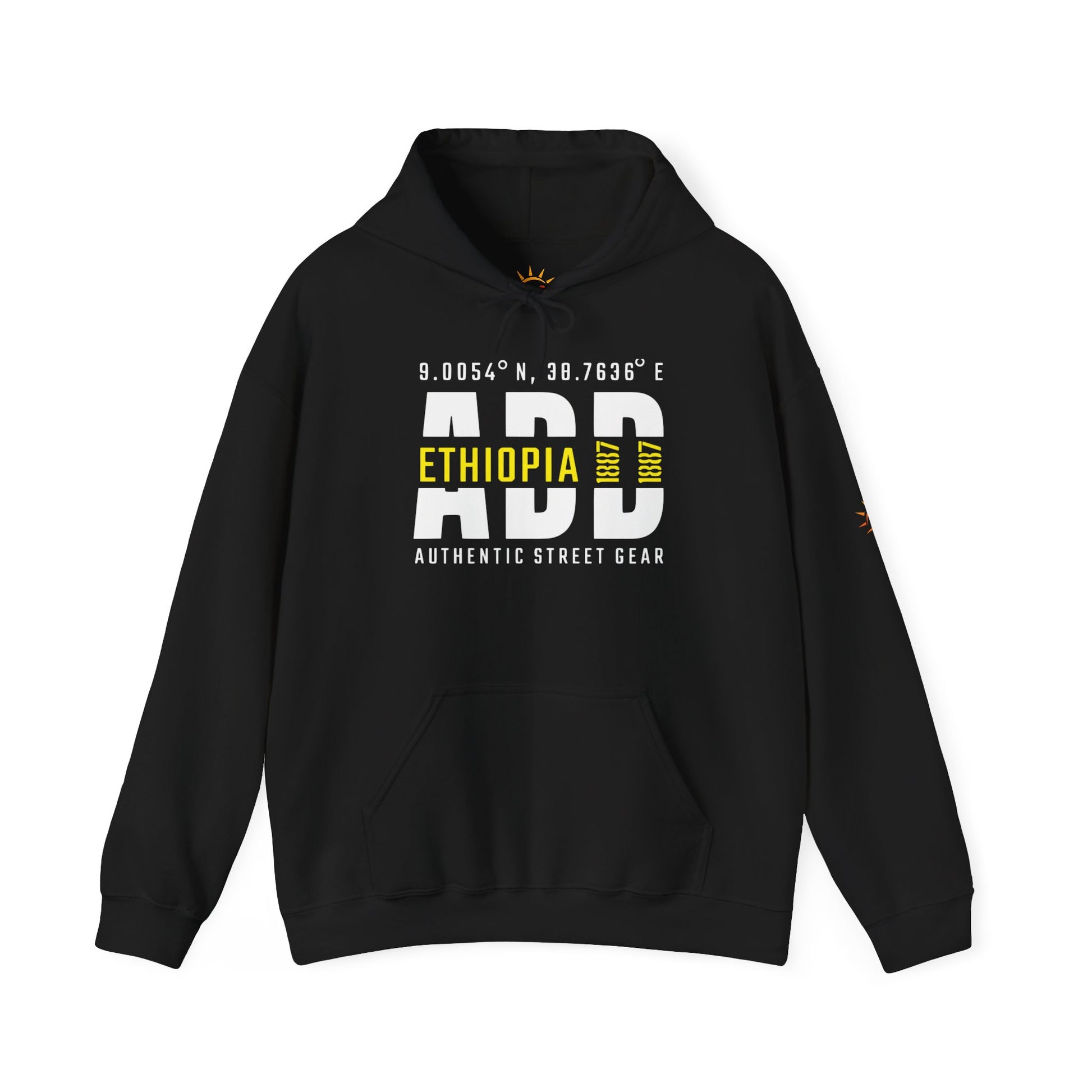 A black hoodie with Addis Ababa, Ethiopia, ADD Airport code and coordinates