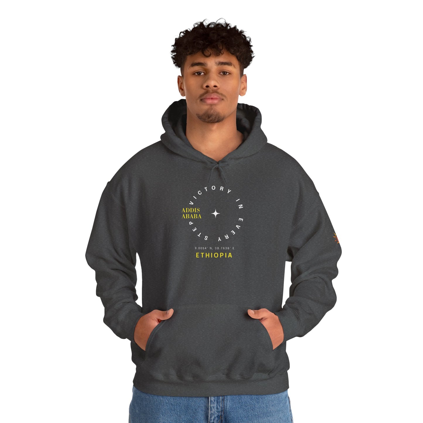 Man wearing a gray Ethiopian Addis Ababa hoodie with minimalist text design 
