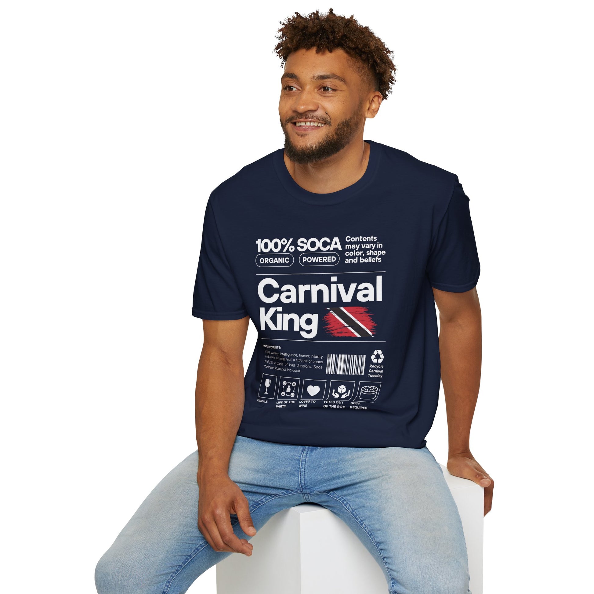 Man wearing a navy blue t-shirt with 'Carnival King' text and graphics on a white background