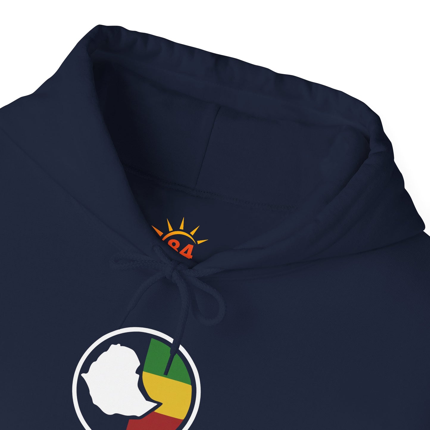 A navy blue hoodie with 'Ethiopian Roots' flag and map design