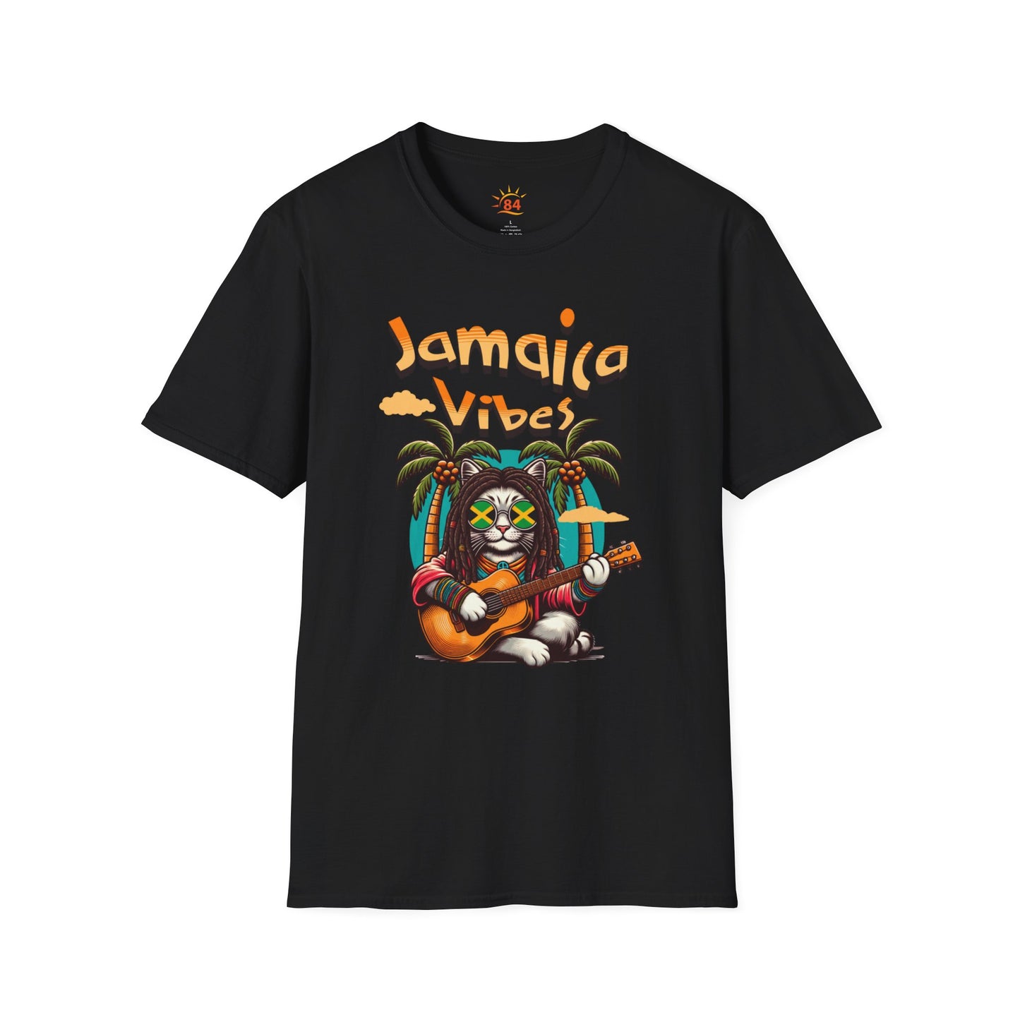 A black t-shirt with Jamaica Vibes text and Jamaica flag reggae inspired graphic. 