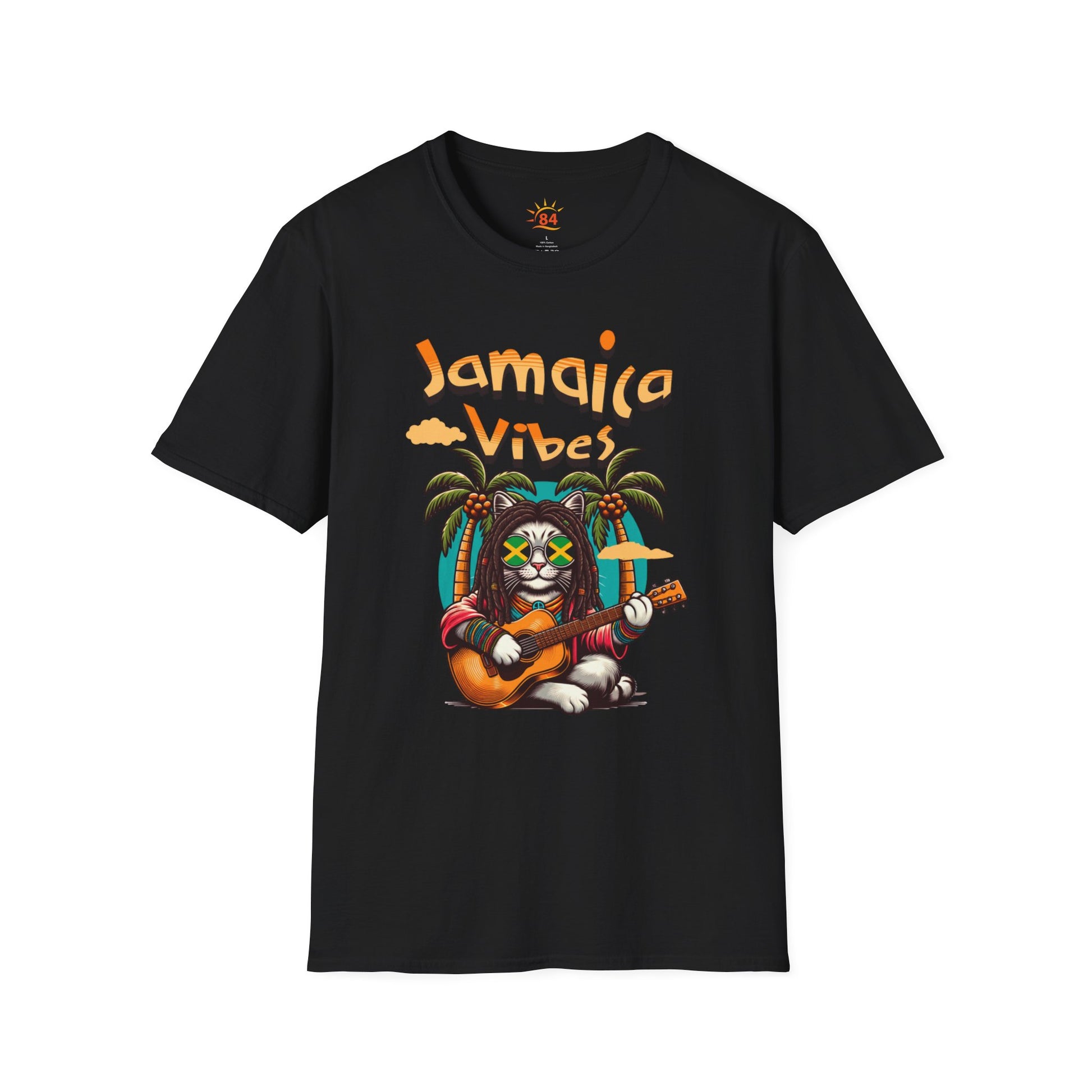 A black t-shirt with Jamaica Vibes text and Jamaica flag reggae inspired graphic. 