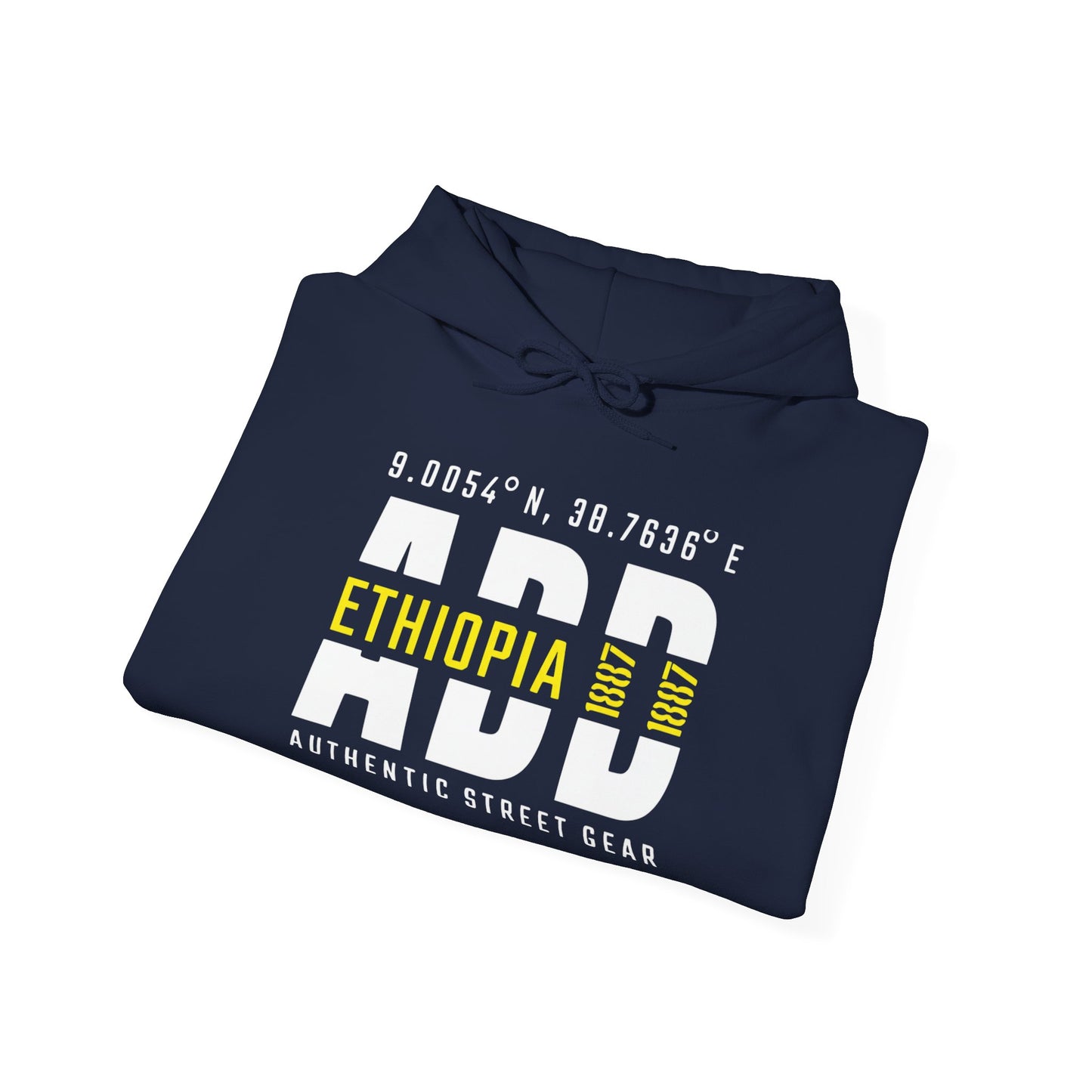 A blue folded hoodie with Addis Ababa, Ethiopia, ADD Airport code and coordinates