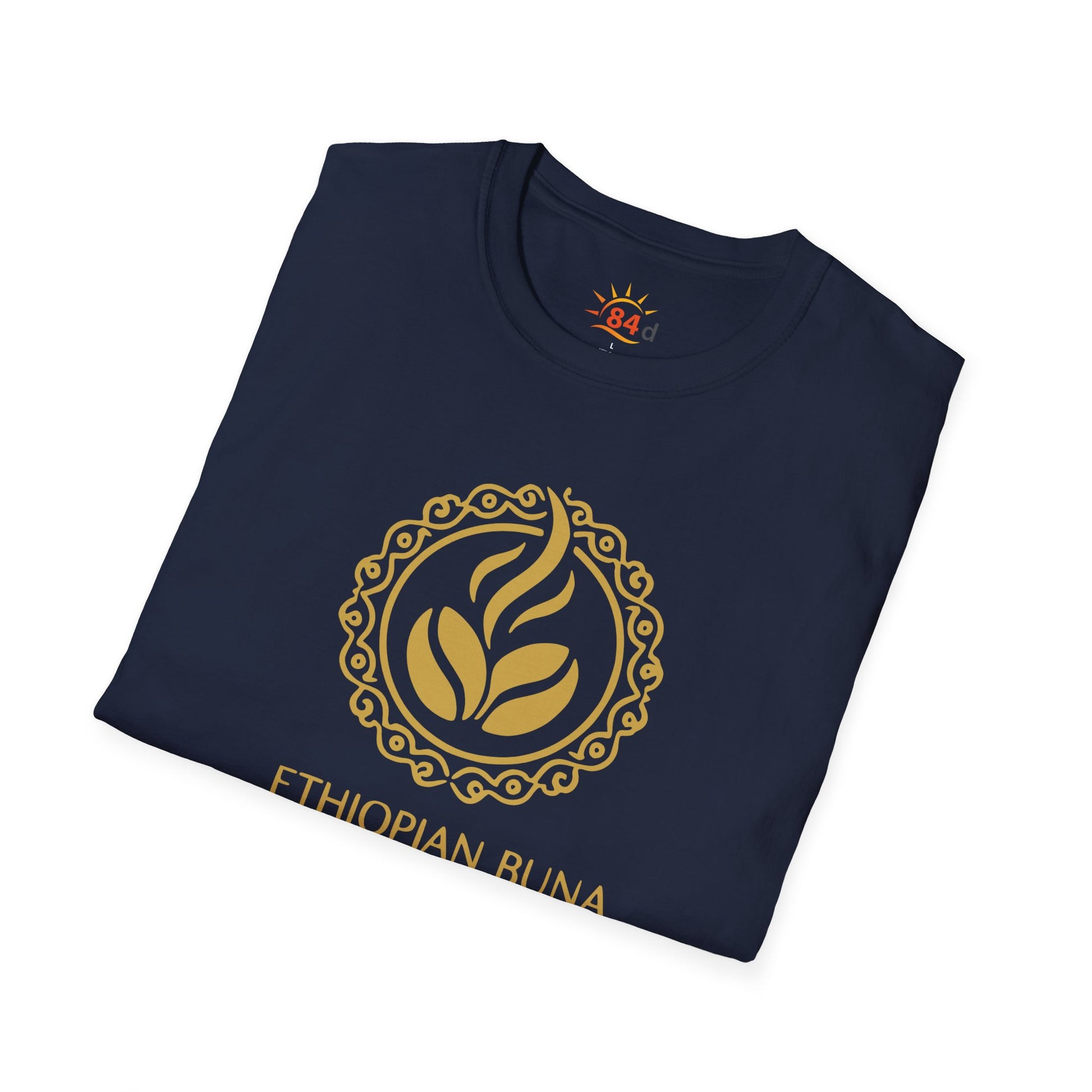 A folded navy blue Ethiopian Buna graphic print t-shirt