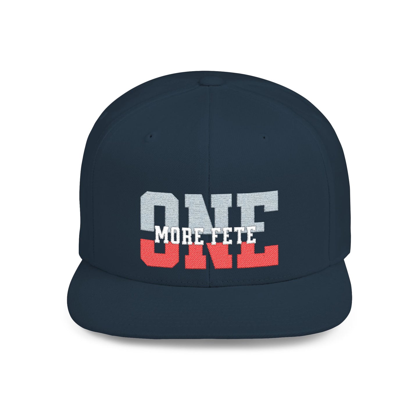 Navy blue cap with 'ONE MORE FETE' text on a white background