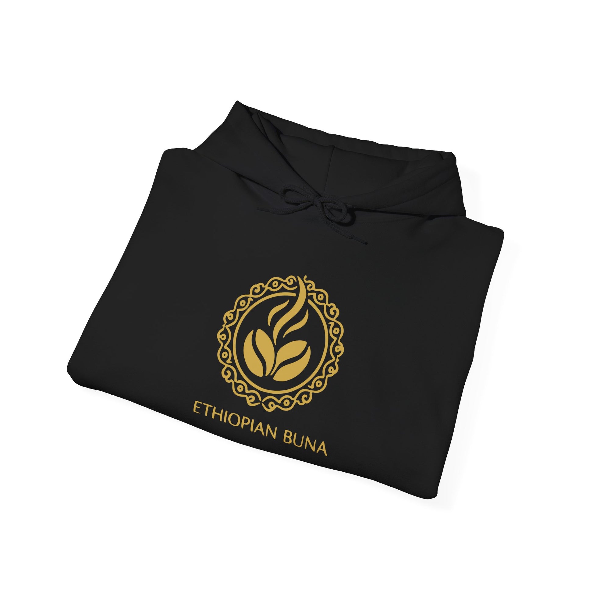 A folded black Ethiopian Buna graphic print hoodie