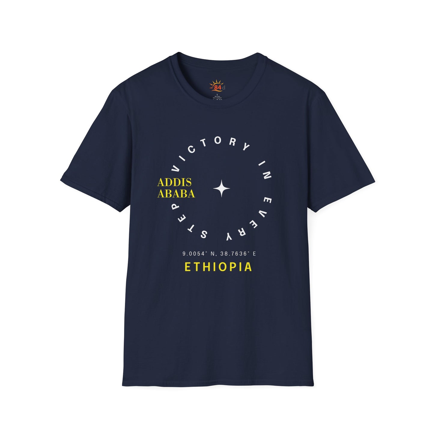 Navy blue Ethiopian, Addis Ababa, minimalist, t-shirt with yellow and white text on a white background