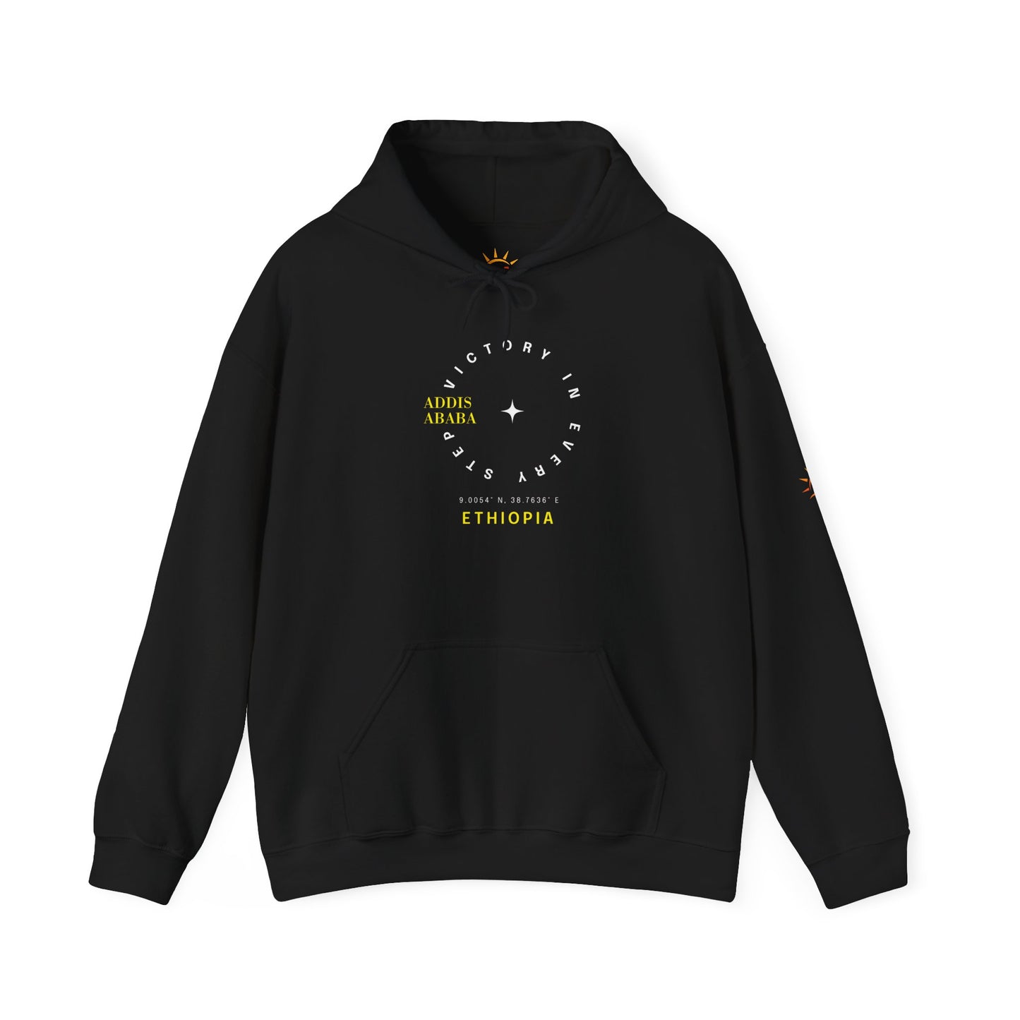 A black Ethiopia Addis Ababa hoodie with coordinates text and graphics