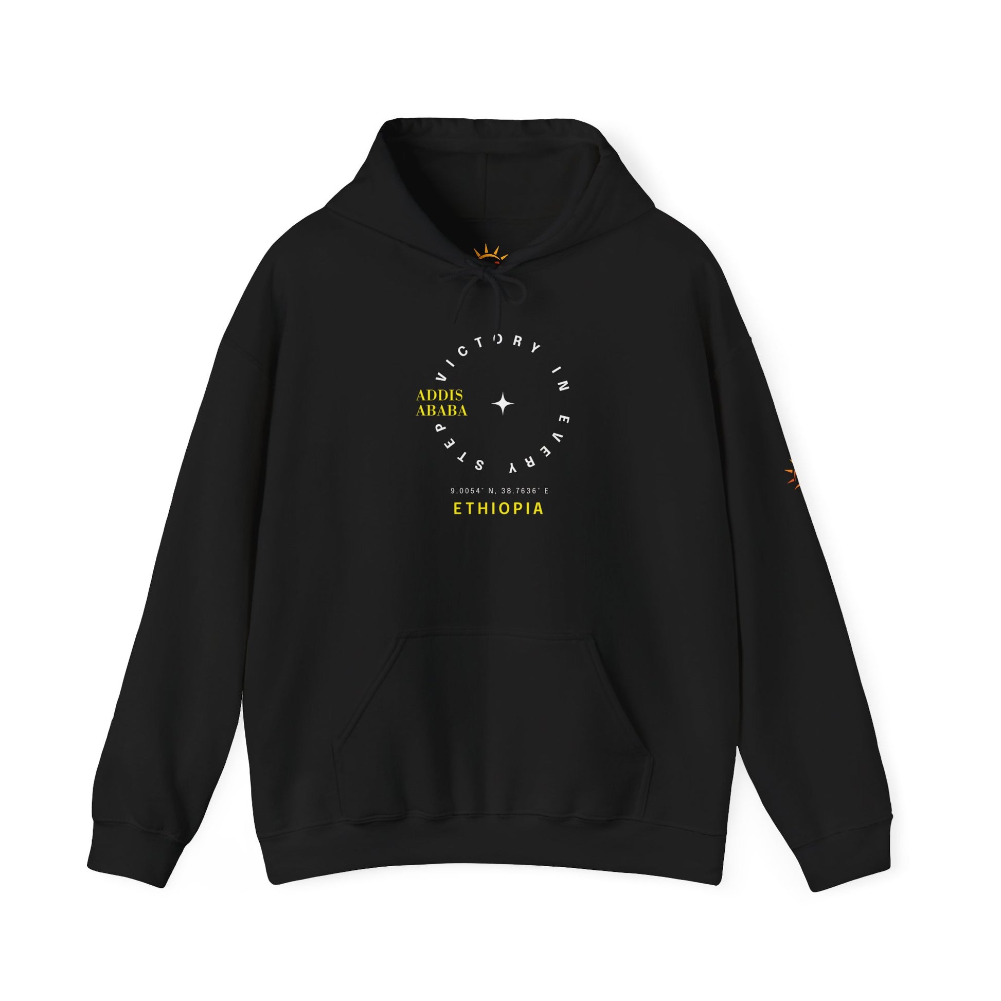 A black Ethiopia Addis Ababa hoodie with coordinates text and graphics