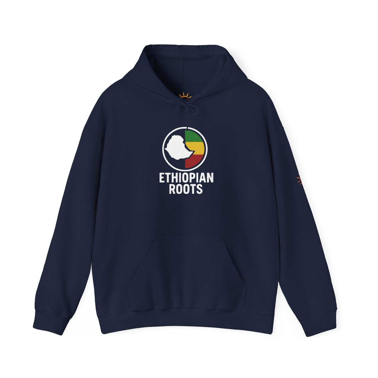 A navy blue hoodie with 'Ethiopian Roots' flag and map design