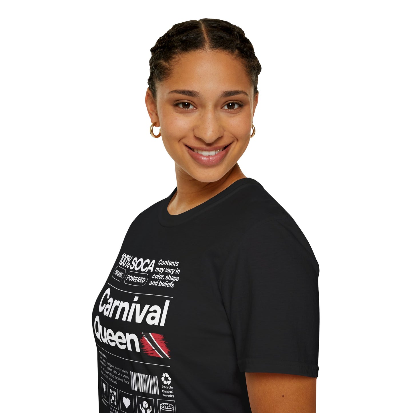 Person wearing a black t-shirt with 'Carnival Queen' text and graphics on a white background