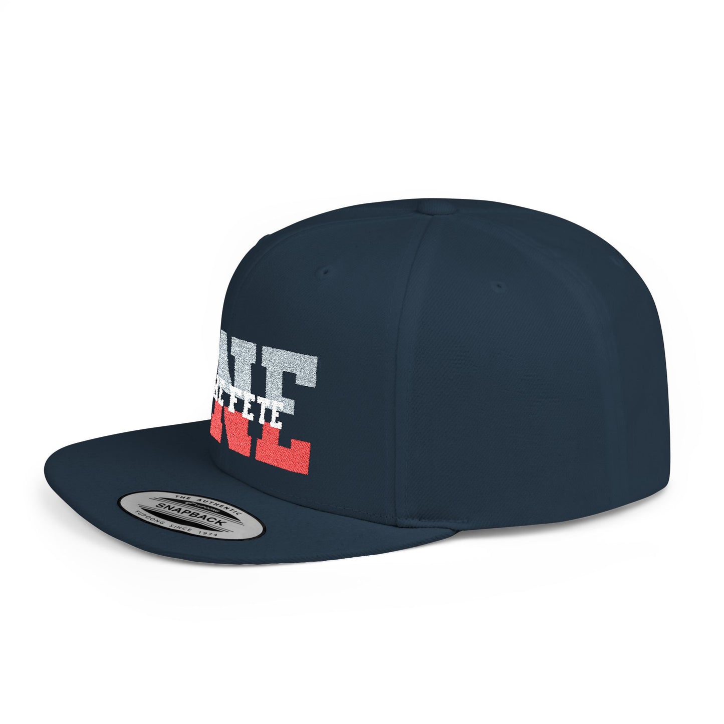 Navy blue cap with colorful text on a white background