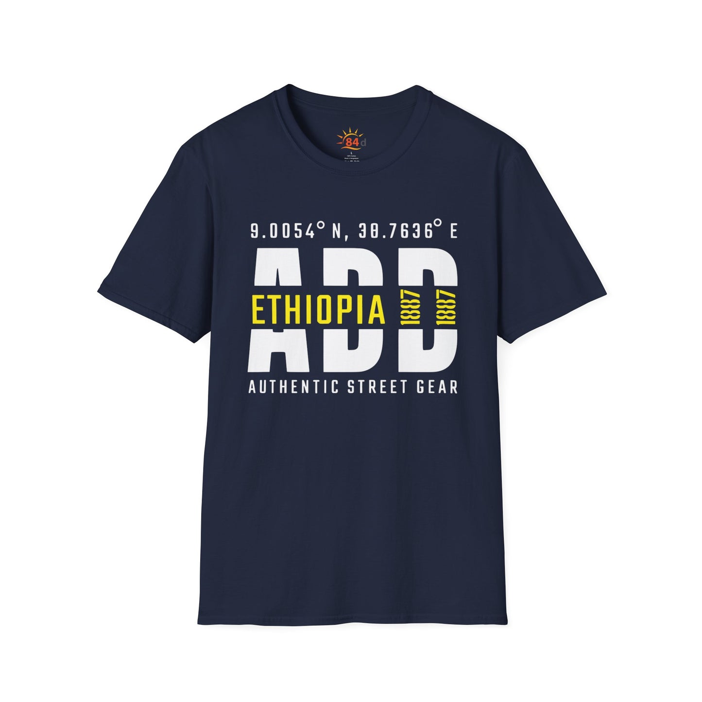 A navy blue t-shirt with Addis Ababa, Ethiopia, ADD Airport code and coordinates 
