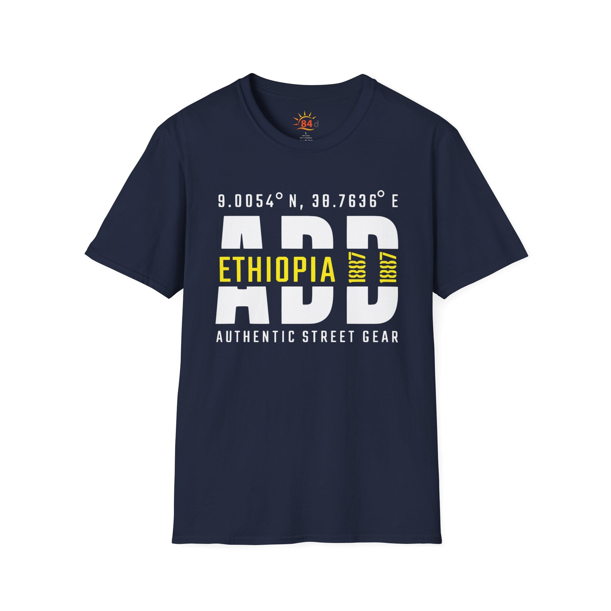 A navy blue t-shirt with Addis Ababa, Ethiopia, ADD Airport code and coordinates 