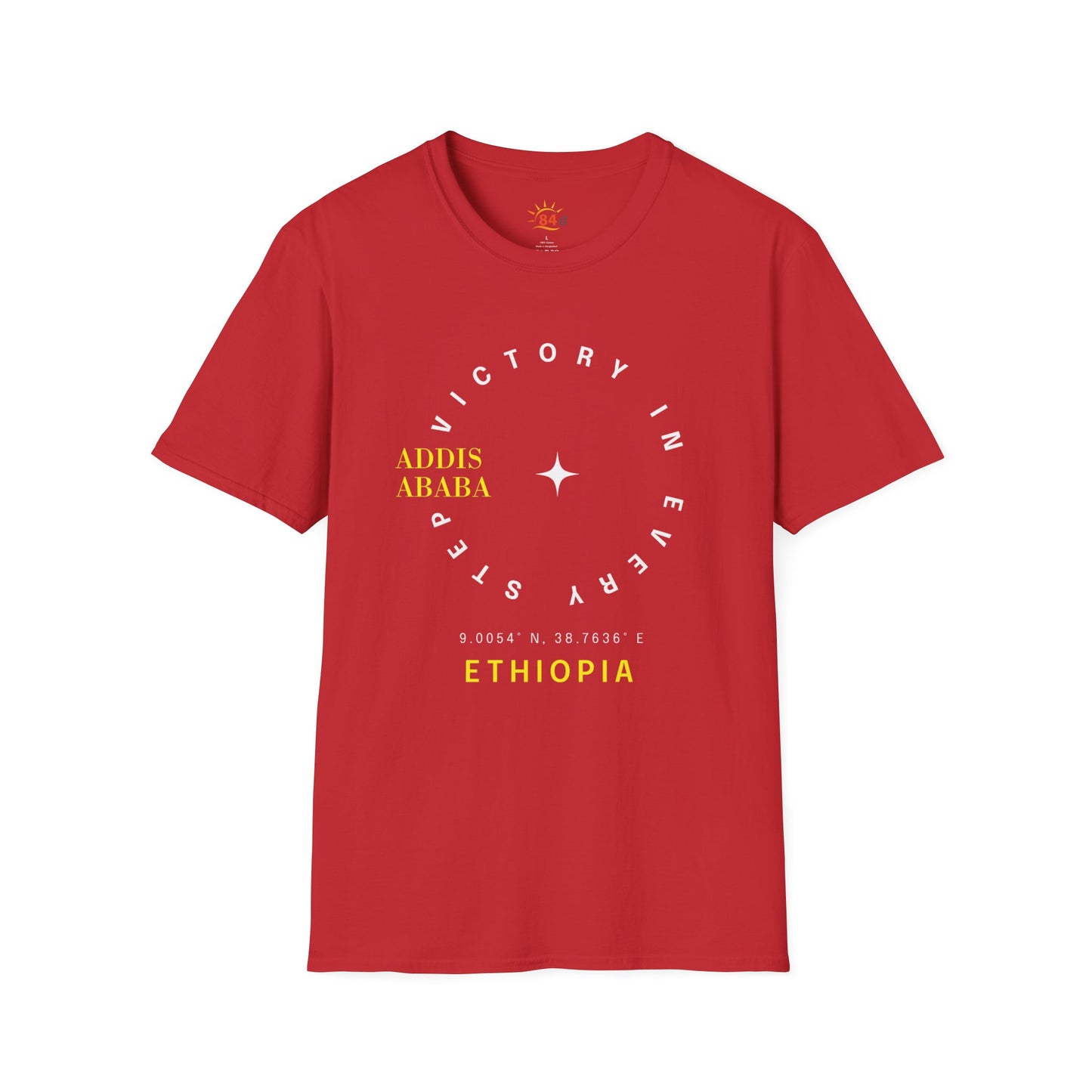 Red Ethiopian, Addis Ababa, minimalist, t-shirt with yellow and white text on a white background
