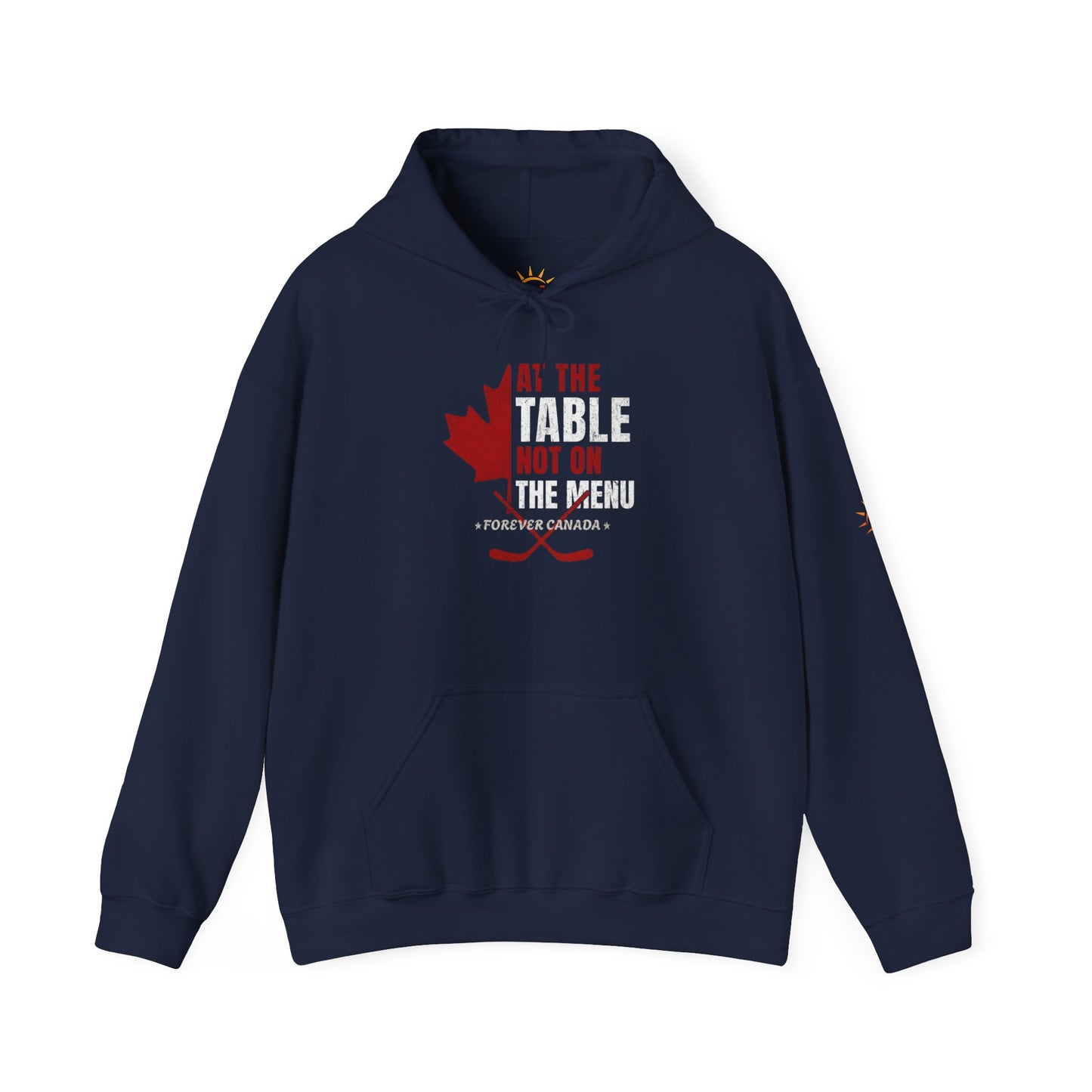 A navy blue hoodie with a red and white graphic design. We are at the table not on the menu