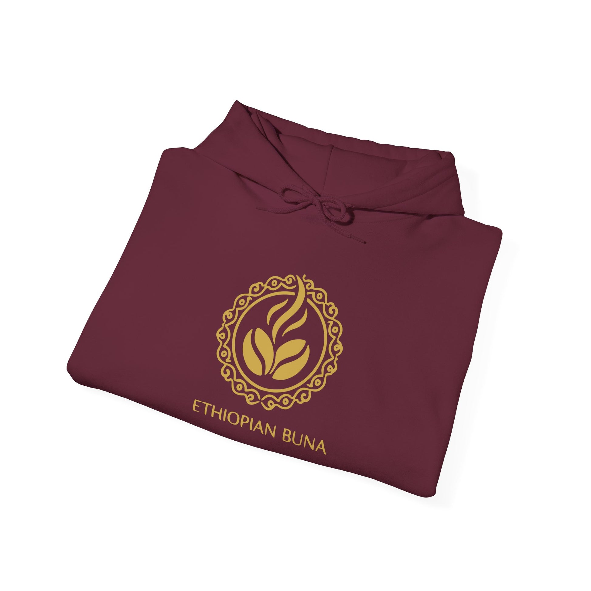 A folded maroon Ethiopian Buna graphic print hoodie 