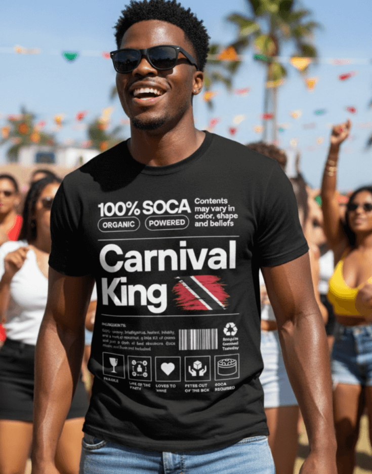 Man wearing a black 'Carnival King' t-shirt in a festive outdoor setting