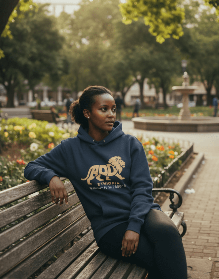 Woman wearing a navy blue hoodie with a lion logo and Addis Ababa, Ethiopia coordinates sitting on a bench.